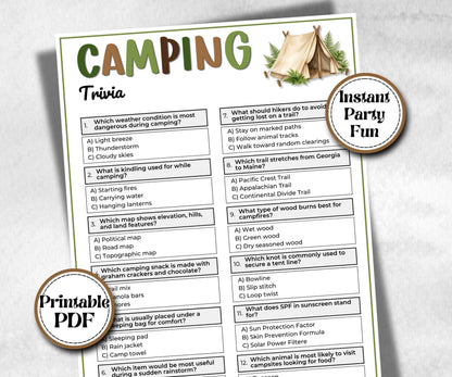 Camping Trivia, fire pit activities, outdoor group party, campground, backyard bbq cookout, summertime campfire, boy girl scout quizzes