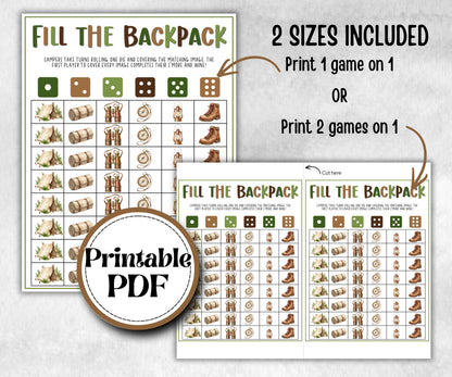 Camping Fill the Backpack, fire pit activities, outdoor group party, campground, backyard bbq, summertime campfire, boy girl scout bagpack