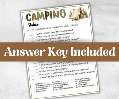 Camping Jokes and Riddles, fire pit activities, outdoor group party, campground, backyard bbq, summertime campfire, boy girl scout quizzes
