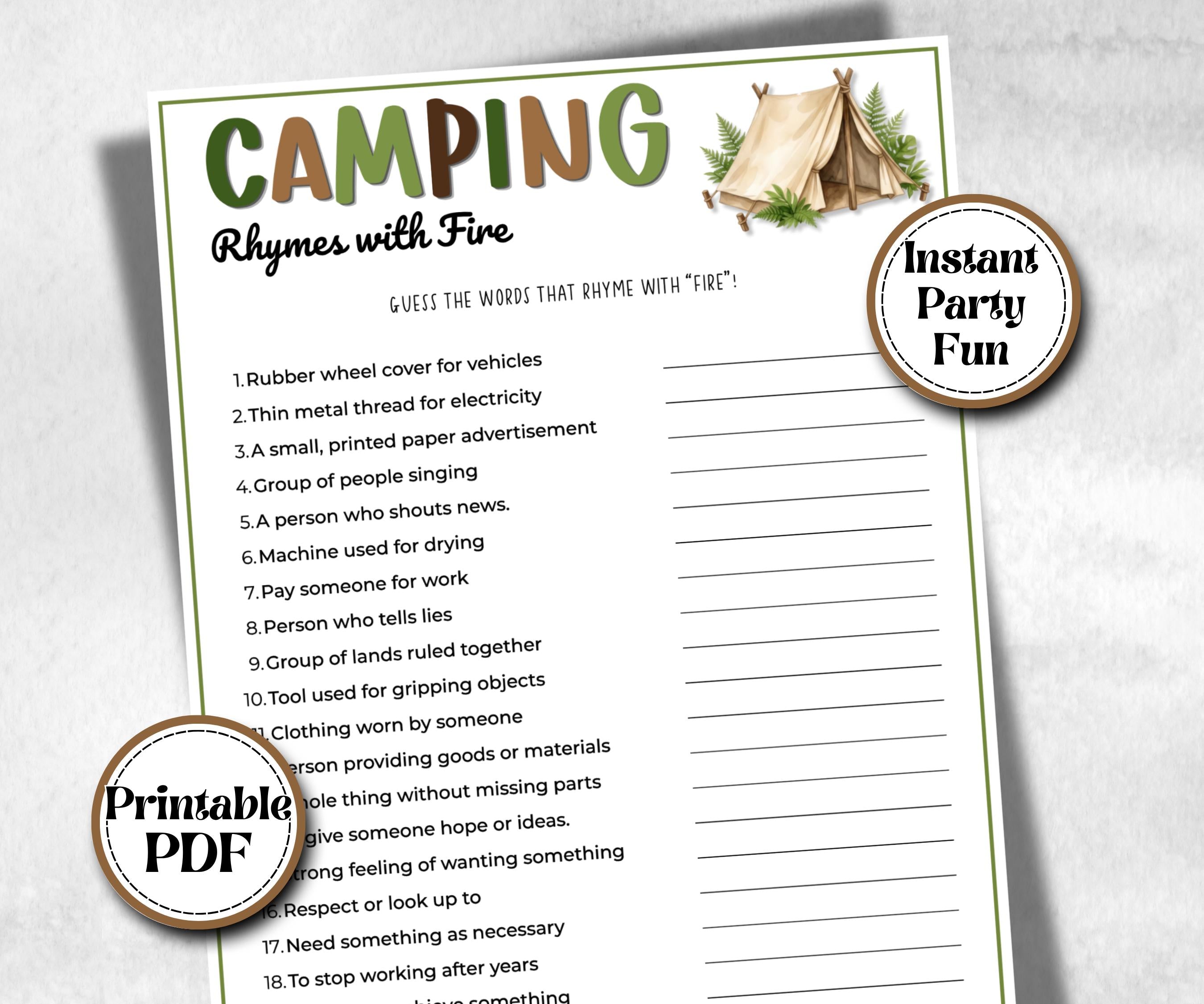 Camping Rhymes with Fire, fire pit activities, Printable outdoor group party, campground, backyard bbq, summertime campfire, boy girl scout