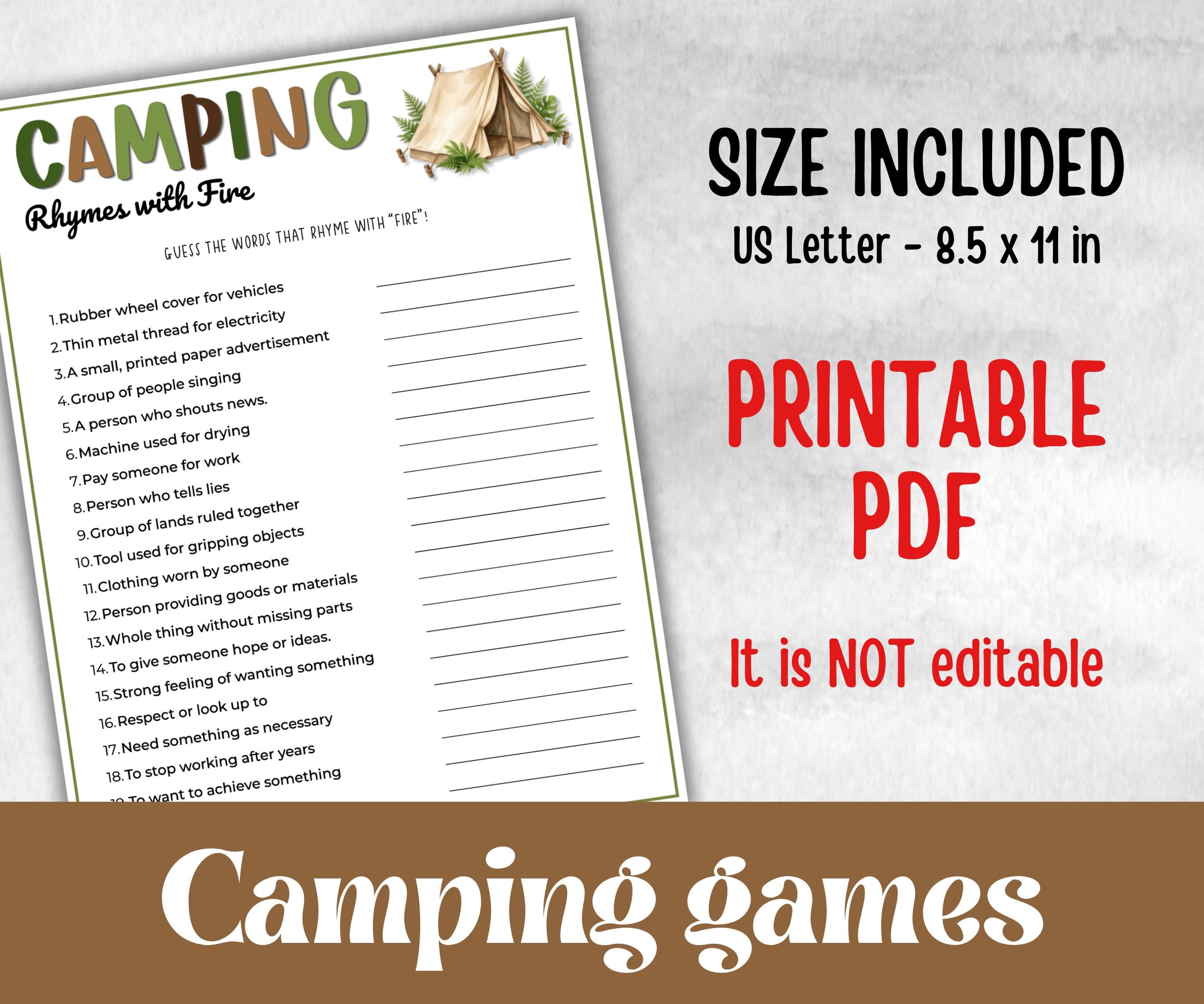 Camping Rhymes with Fire, fire pit activities, Printable outdoor group party, campground, backyard bbq, summertime campfire, boy girl scout