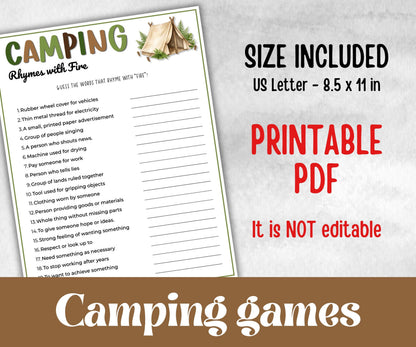 Camping Rhymes with Fire, fire pit activities, Printable outdoor group party, campground, backyard bbq, summertime campfire, boy girl scout