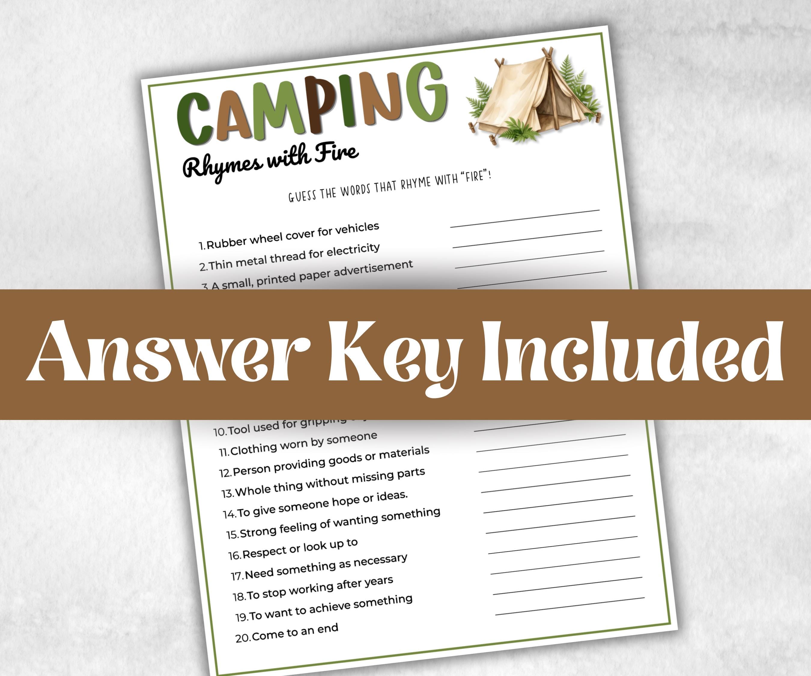 Camping Rhymes with Fire, fire pit activities, Printable outdoor group party, campground, backyard bbq, summertime campfire, boy girl scout
