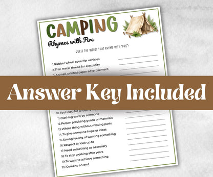 Camping Rhymes with Fire, fire pit activities, Printable outdoor group party, campground, backyard bbq, summertime campfire, boy girl scout