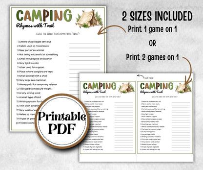 Camping Rhymes with Trail, fire pit activities, Printable outdoor group party, campground, backyard bbq, summertime campfire, boy girl scout