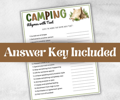 Camping Rhymes with Trail, fire pit activities, Printable outdoor group party, campground, backyard bbq, summertime campfire, boy girl scout