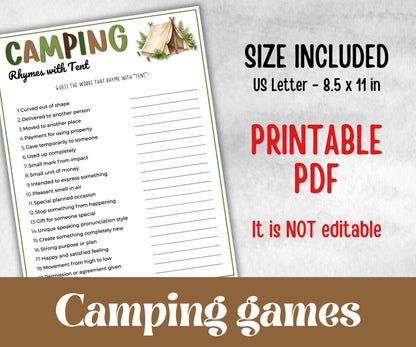 Camping Rhymes with Trail, fire pit activities, Printable outdoor group party, campground, backyard bbq, summertime campfire, boy girl scout