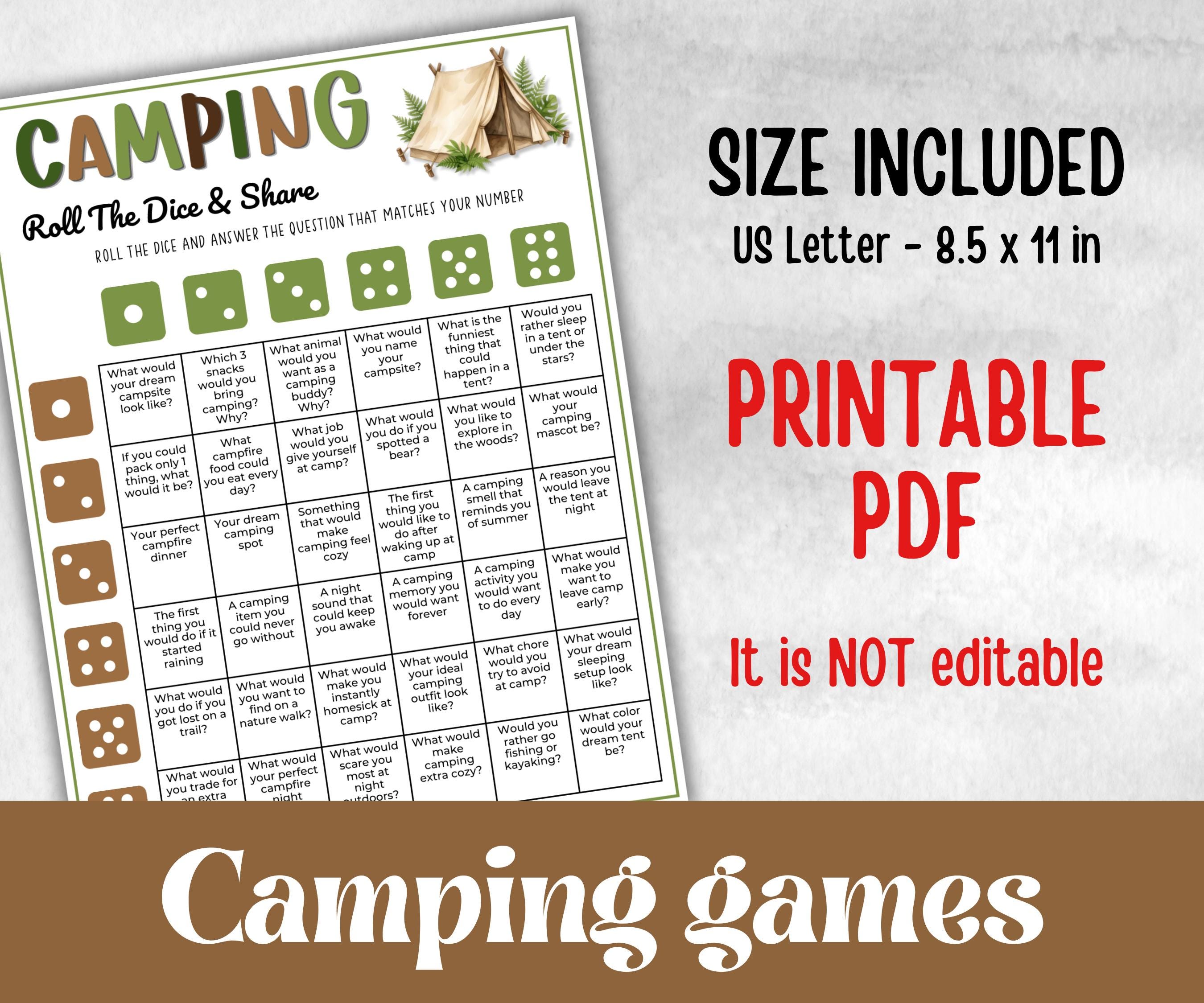 Camping Conversation Starter, fire pit activity, Printable outdoor group party, talking dice, backyard bbq, summer campfire, Roll the Dice