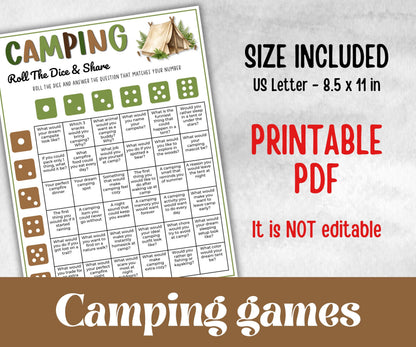 Camping Conversation Starter, fire pit activity, Printable outdoor group party, talking dice, backyard bbq, summer campfire, Roll the Dice