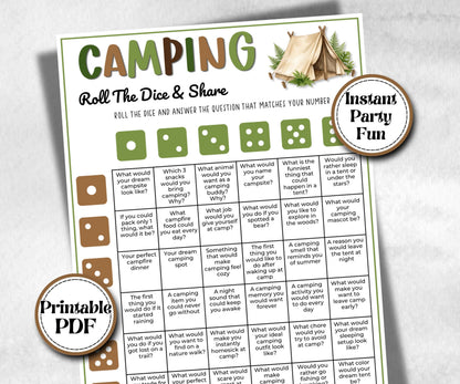 Camping Conversation Starter, fire pit activity, Printable outdoor group party, talking dice, backyard bbq, summer campfire, Roll the Dice