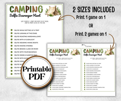 Camping Selfie Scavenger Hunt, fire pit activities, Printable outdoor group party, backyard bbq, summer campfire, boy girl scout, campground