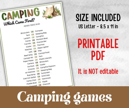 Camping Which came first, fire pit activity, Printable group party, campground, hiking trail, overnight camper baby, camping roadtrip games