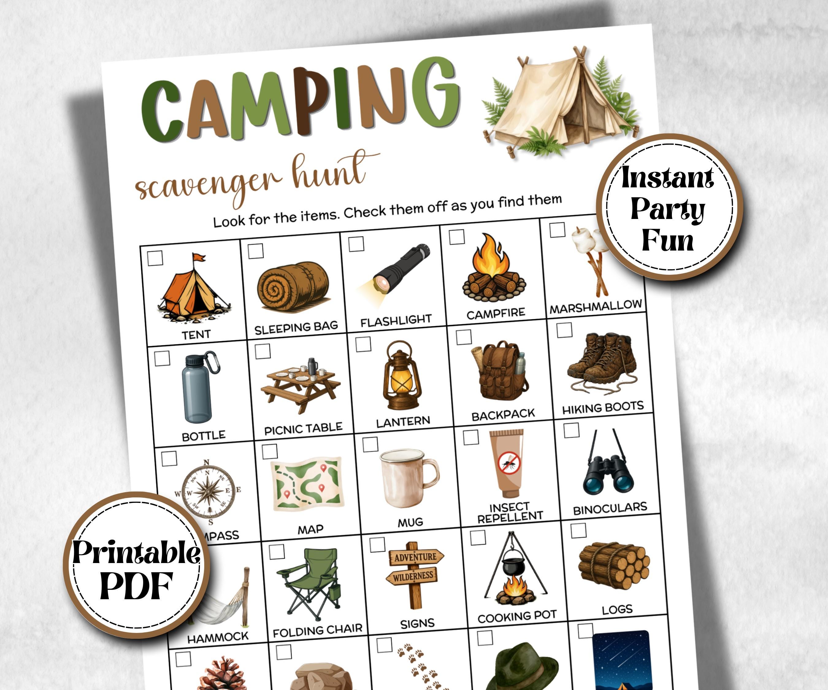 Camping Photo Scavenger Hunt, fire pit activity, Printable group party, campground, hiking trail, overnight camper baby, camping roadtrip
