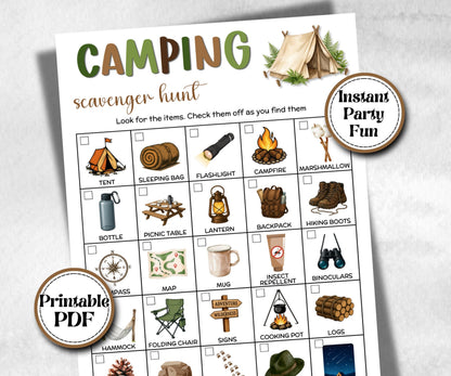 Camping Photo Scavenger Hunt, fire pit activity, Printable group party, campground, hiking trail, overnight camper baby, camping roadtrip