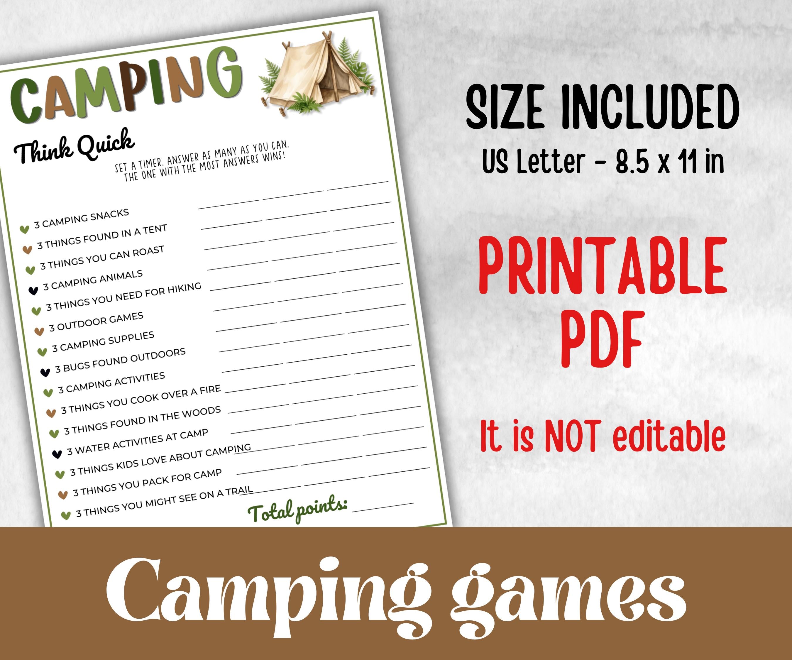 Camping Think Quick, fire pit activity, Printable group party, campground, hiking trail, overnight camper baby, camping roadtrip, Think fast
