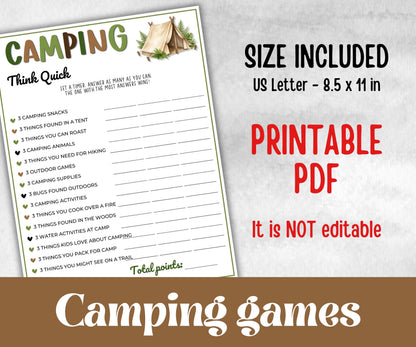 Camping Think Quick, fire pit activity, Printable group party, campground, hiking trail, overnight camper baby, camping roadtrip, Think fast