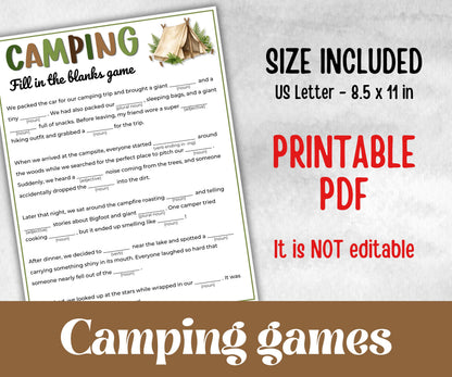 Camping Fill in the blanks, fire pit activity, Printable group party, campground, hiking trail, overnight camper baby, camping roadtrip mad