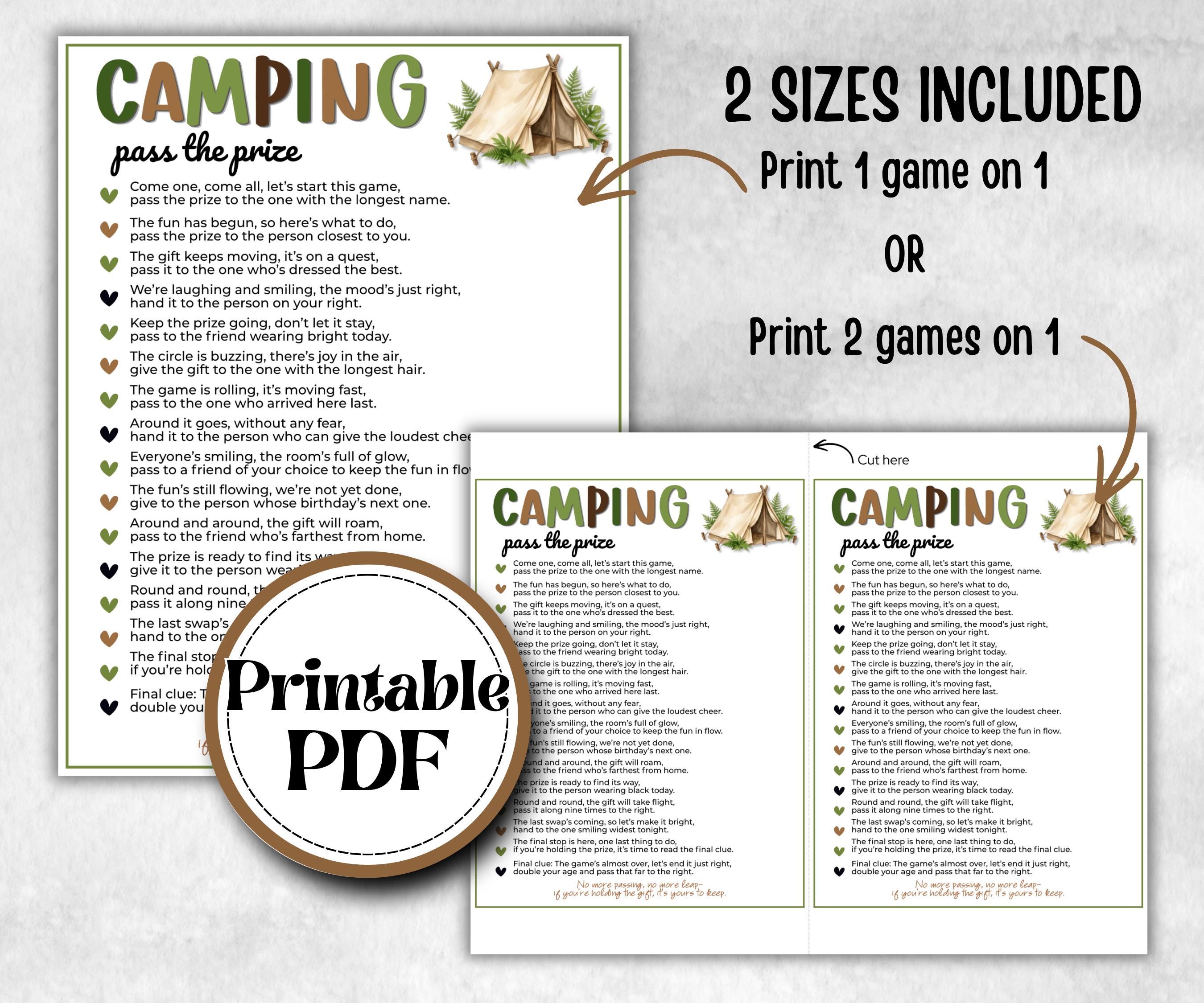 Camping Pass the Prize, printable Gift Exchange, gift passing poem, rhyme, pass the gift, pass the present, pass the parcel, camp left right