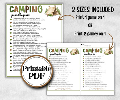 Camping Pass the Prize, printable Gift Exchange, gift passing poem, rhyme, pass the gift, pass the present, pass the parcel, camp left right