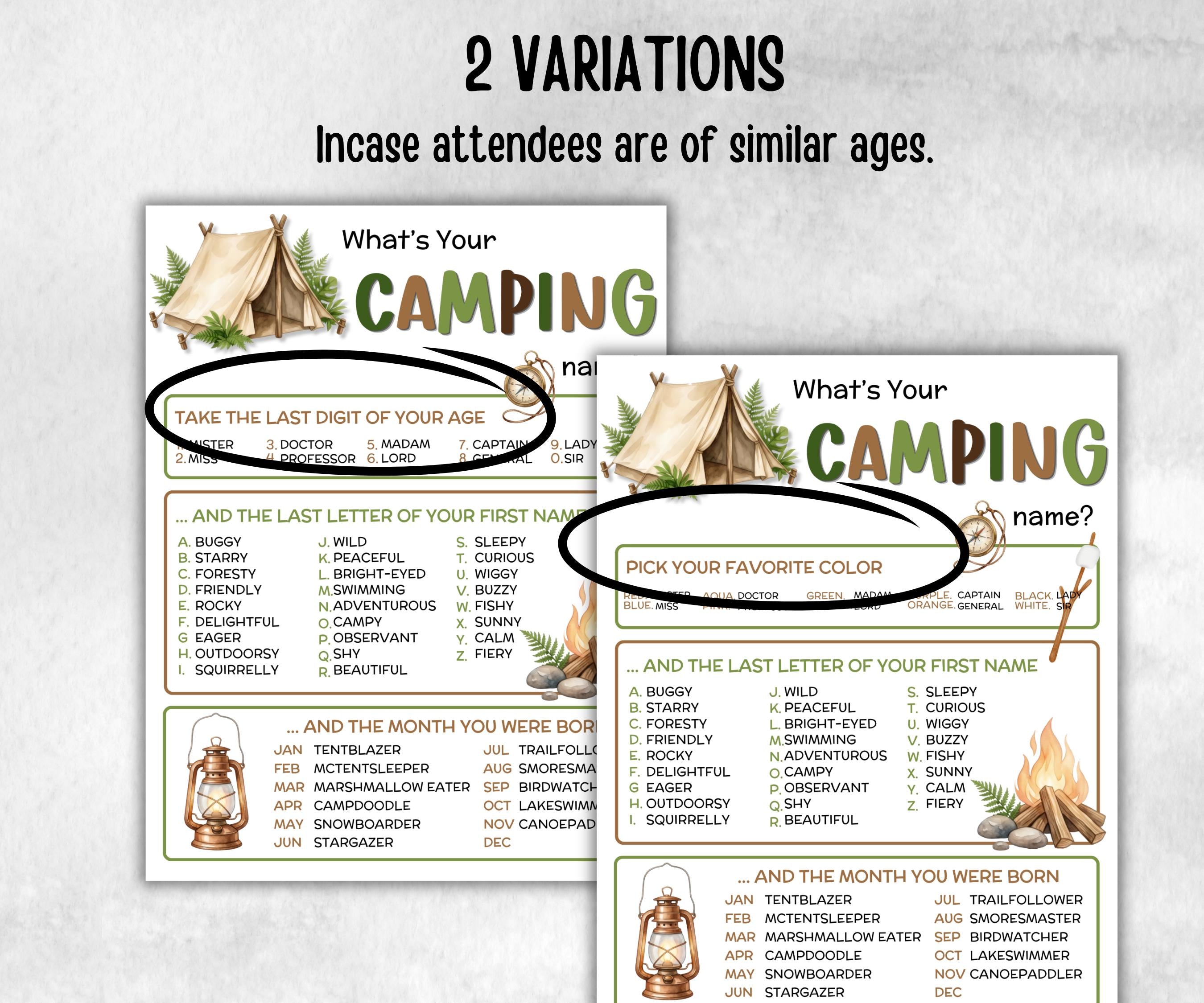 Whats your Camping name, fire pit activity, Printable Name board, campground name tag, summer bbq, camping roadtrip, name generator, tent