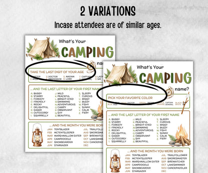 Whats your Camping name, fire pit activity, Printable Name board, campground name tag, summer bbq, camping roadtrip, name generator, tent