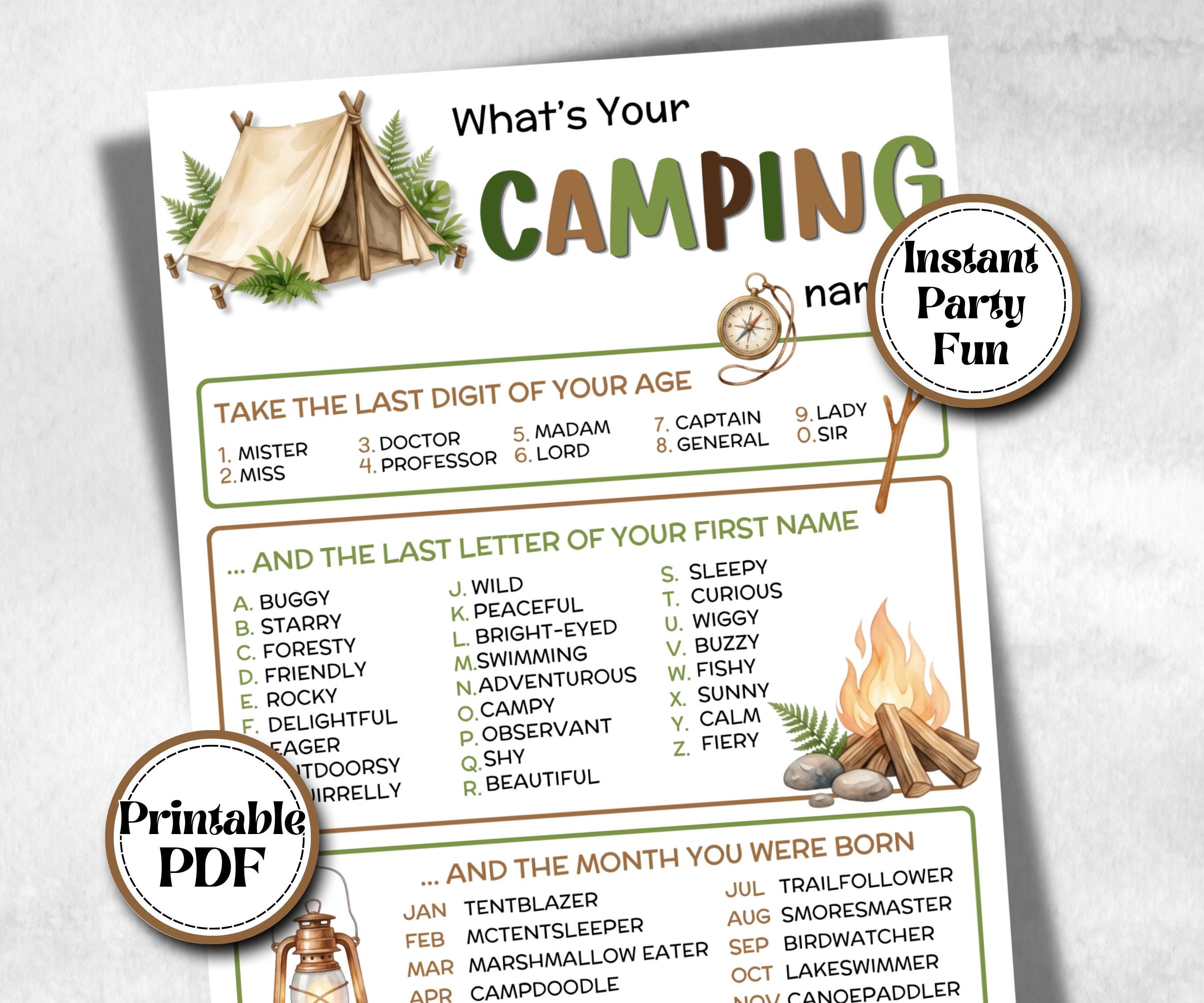 Whats your Camping name, fire pit activity, Printable Name board, campground name tag, summer bbq, camping roadtrip, name generator, tent