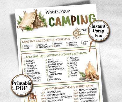 Whats your Camping name, fire pit activity, Printable Name board, campground name tag, summer bbq, camping roadtrip, name generator, tent