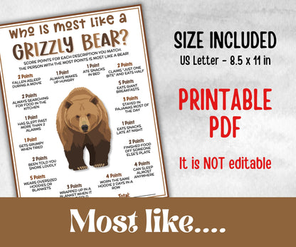 Who is most like a grizzly bear, fire pit activity, Printable group party, campground, hiking trail, overnight camper, camping roadtrip mad