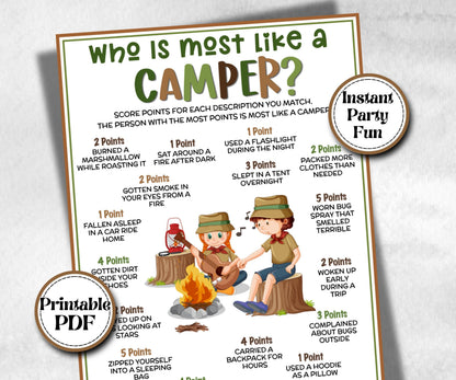 Who is most like a Camper, fire pit activity, Printable group party, campground, One happy camper, overnight camper, camping roadtrip mad