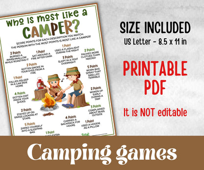 Who is most like a Camper, fire pit activity, Printable group party, campground, One happy camper, overnight camper, camping roadtrip mad