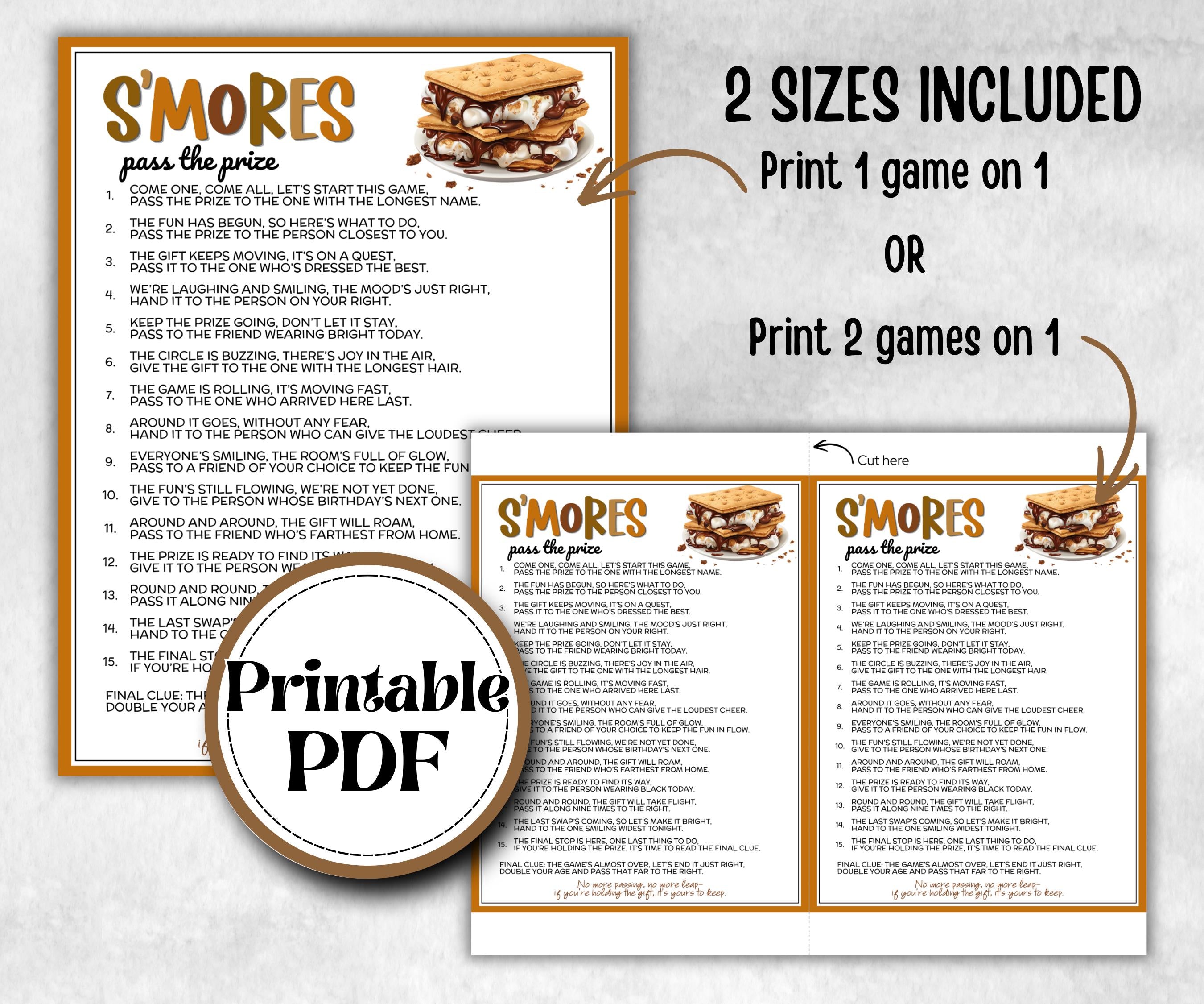S'mores Pass the Prize, printable Gift Exchange, gift passing poem, rhyme pass the gift, pass the present, pass the parcel, Smore left right