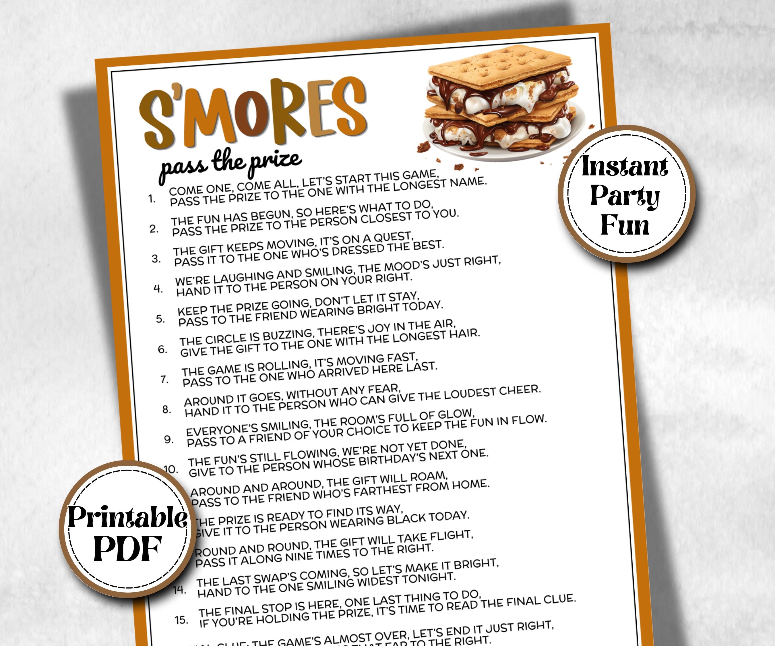 S'mores Pass the Prize, printable Gift Exchange, gift passing poem, rhyme pass the gift, pass the present, pass the parcel, Smore left right
