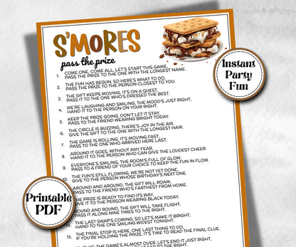 S'mores Pass the Prize, printable Gift Exchange, gift passing poem, rhyme pass the gift, pass the present, pass the parcel, Smore left right