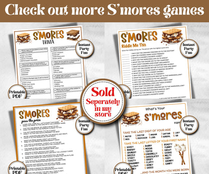 What's your S'more name, Classroom name generator, Printable group party, campground name tag, overnight camper, smore favor bag, nameboard