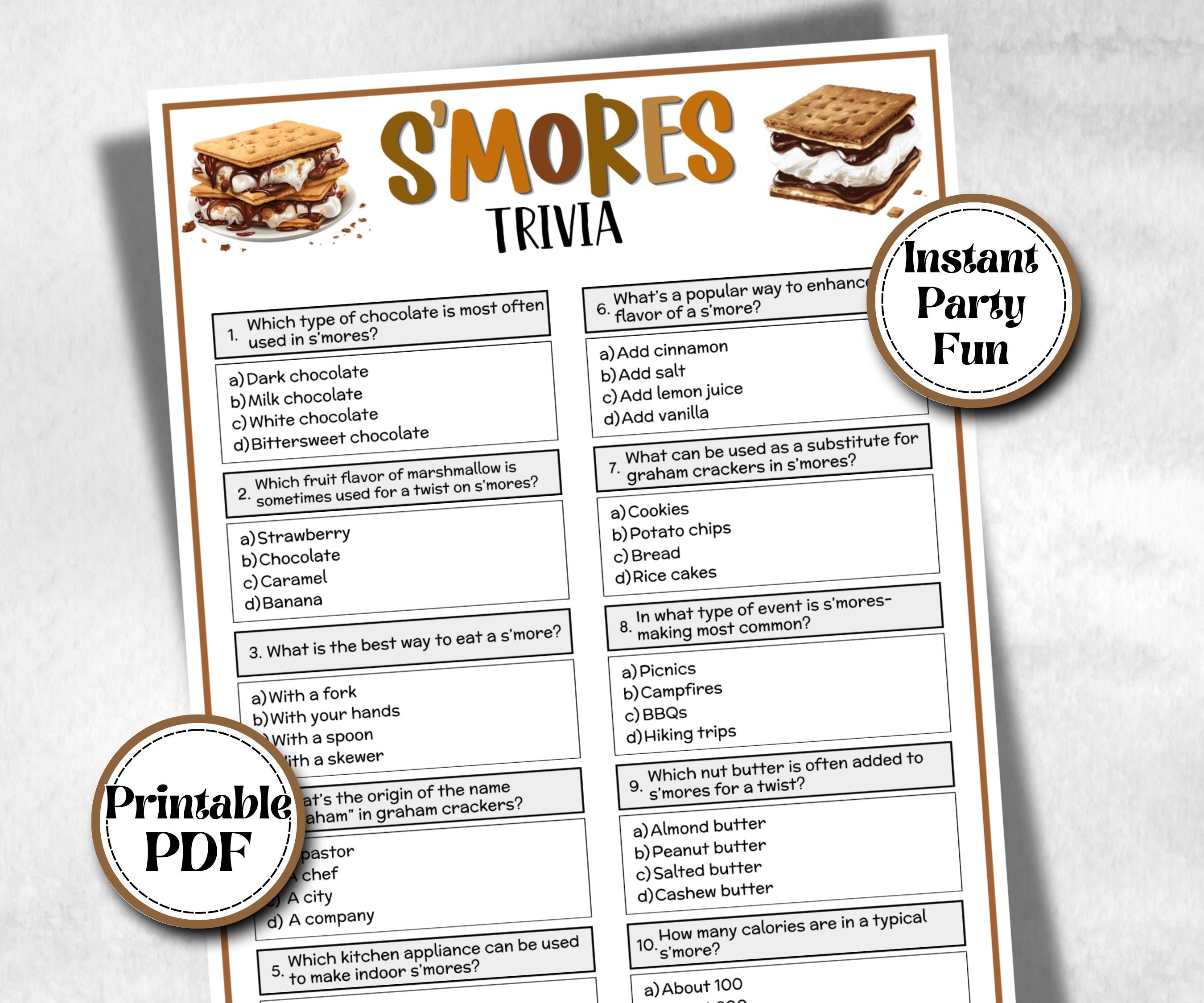 S'mores Trivia, Kids Classroom, Printable group party, campground, overnight camper, smore favor bag, church hiking travel, family reunion