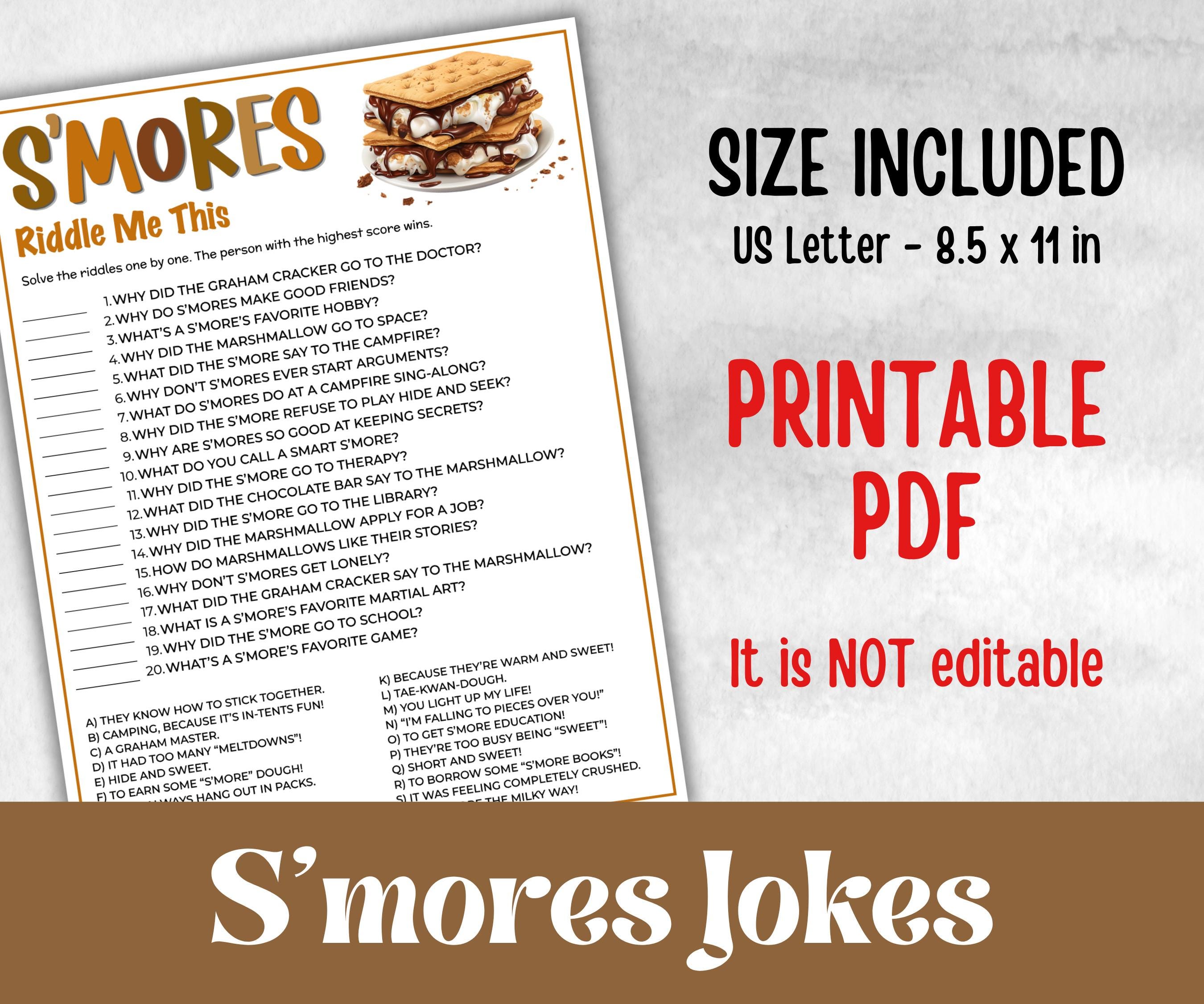 S'mores riddles, Kids Classroom, Printable group party, campground, overnight camper, smore favor bag, church smores jokes, family reunion