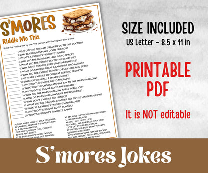 S'mores riddles, Kids Classroom, Printable group party, campground, overnight camper, smore favor bag, church smores jokes, family reunion