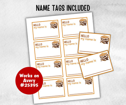 What's your S'more name, Classroom name generator, Printable group party, campground name tag, overnight camper, smore favor bag, nameboard