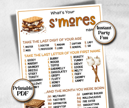 What's your S'more name, Classroom name generator, Printable group party, campground name tag, overnight camper, smore favor bag, nameboard
