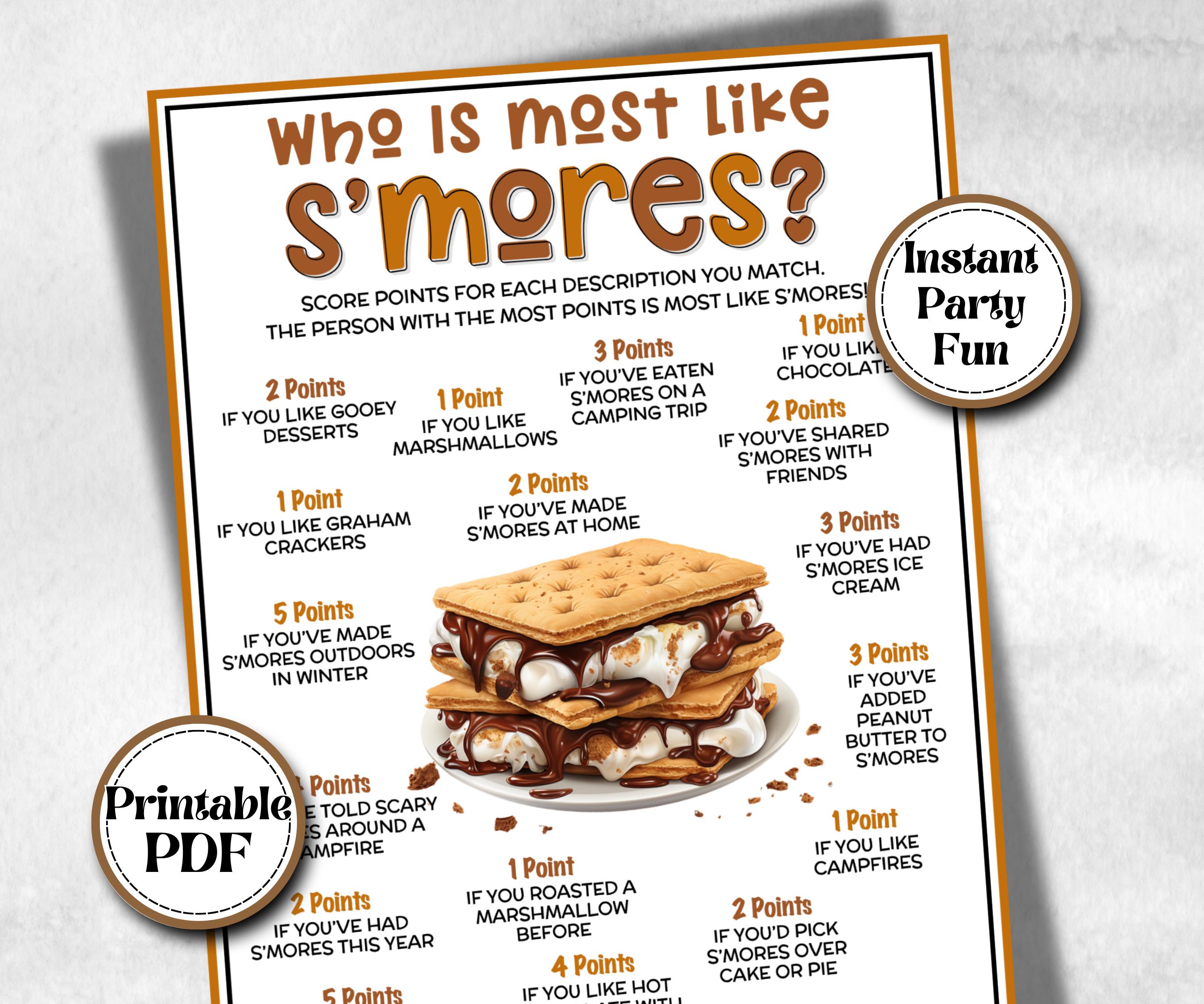 Who is most like S'mores, Kids Classroom, Printable group party, campground, overnight camper, smore favor bag, hiking travel family reunion