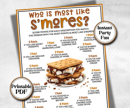 Who is most like S'mores, Kids Classroom, Printable group party, campground, overnight camper, smore favor bag, hiking travel family reunion