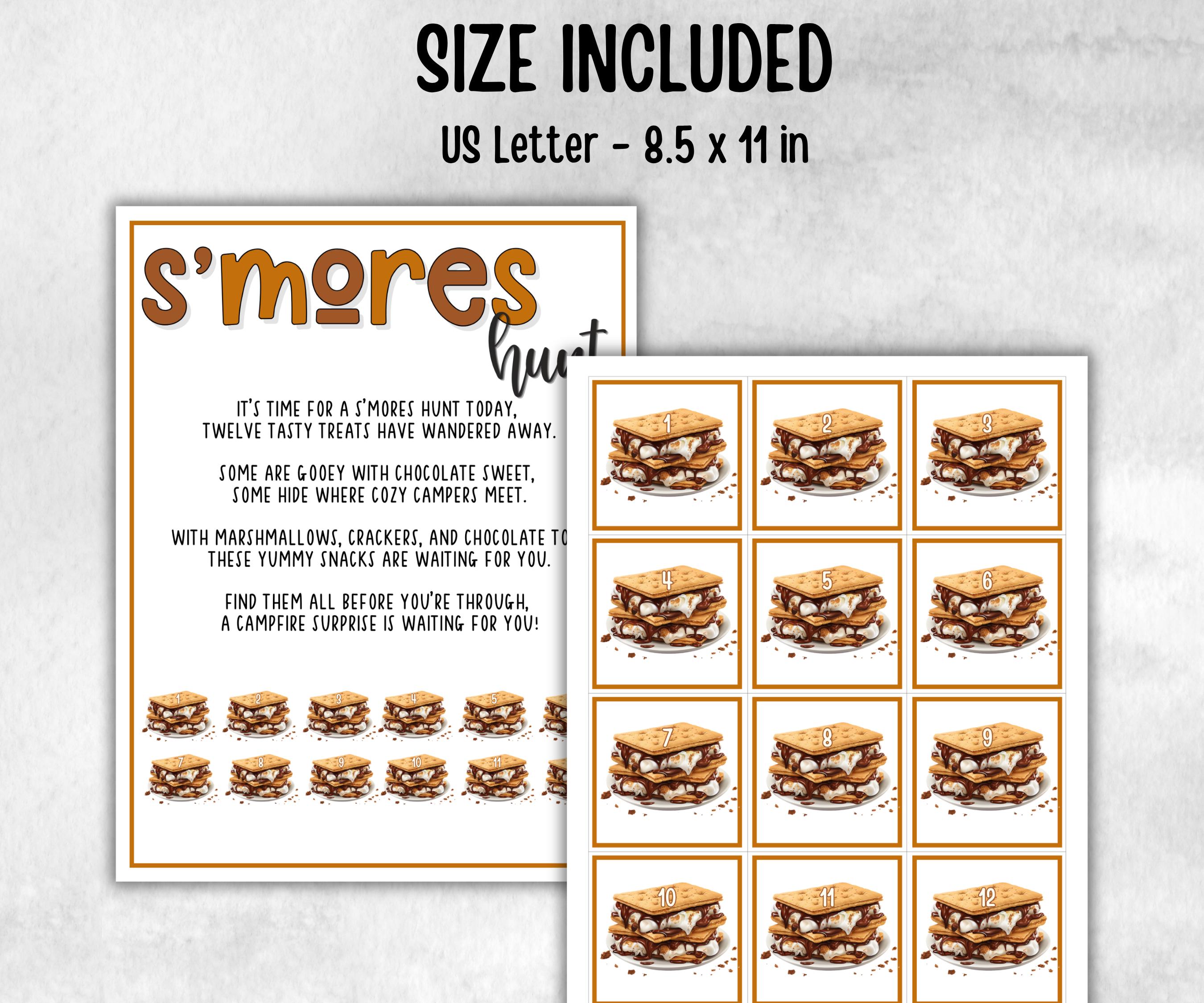 S'mores Indoor Outdoor Scavanger Hunt, Printable group party, campground, overnight camper, Backyard treasure hunt, kindergarten, at home