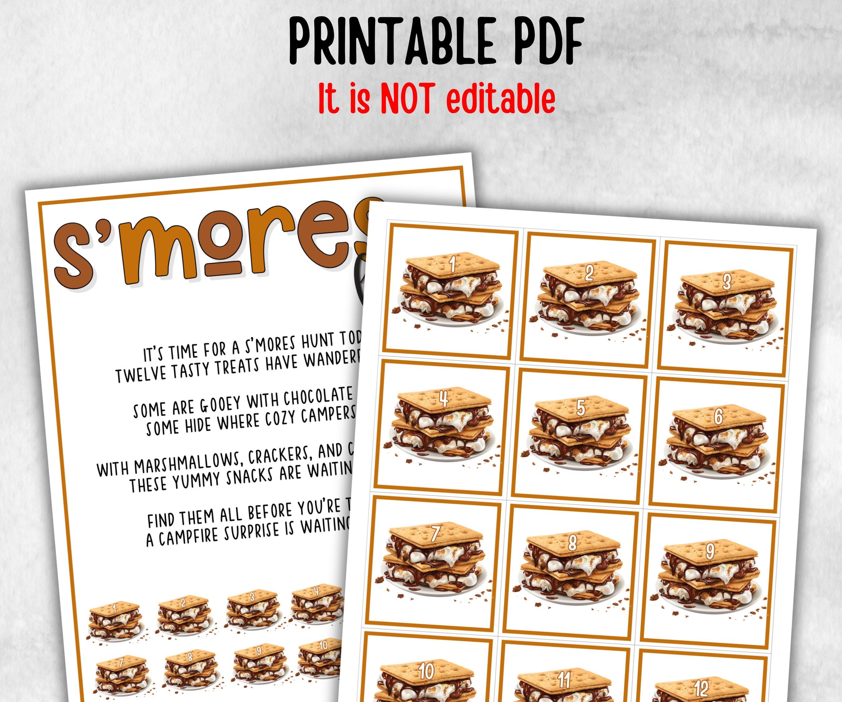 S'mores Indoor Outdoor Scavanger Hunt, Printable group party, campground, overnight camper, Backyard treasure hunt, kindergarten, at home