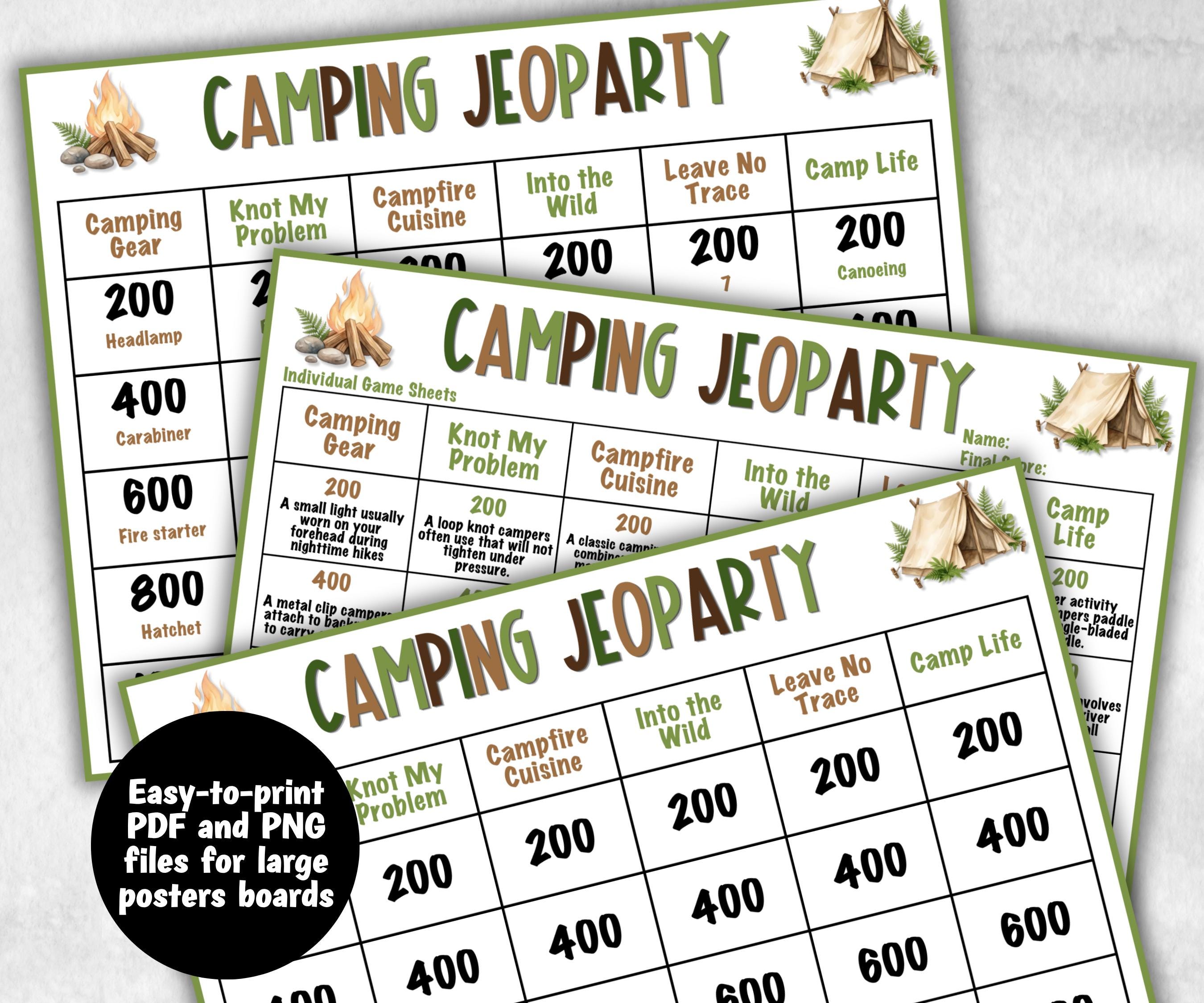 Camping Jeoparty, Trivia game night, office team camping, camping themed birthday, outdoor yard group party, youth group, hiking fun games