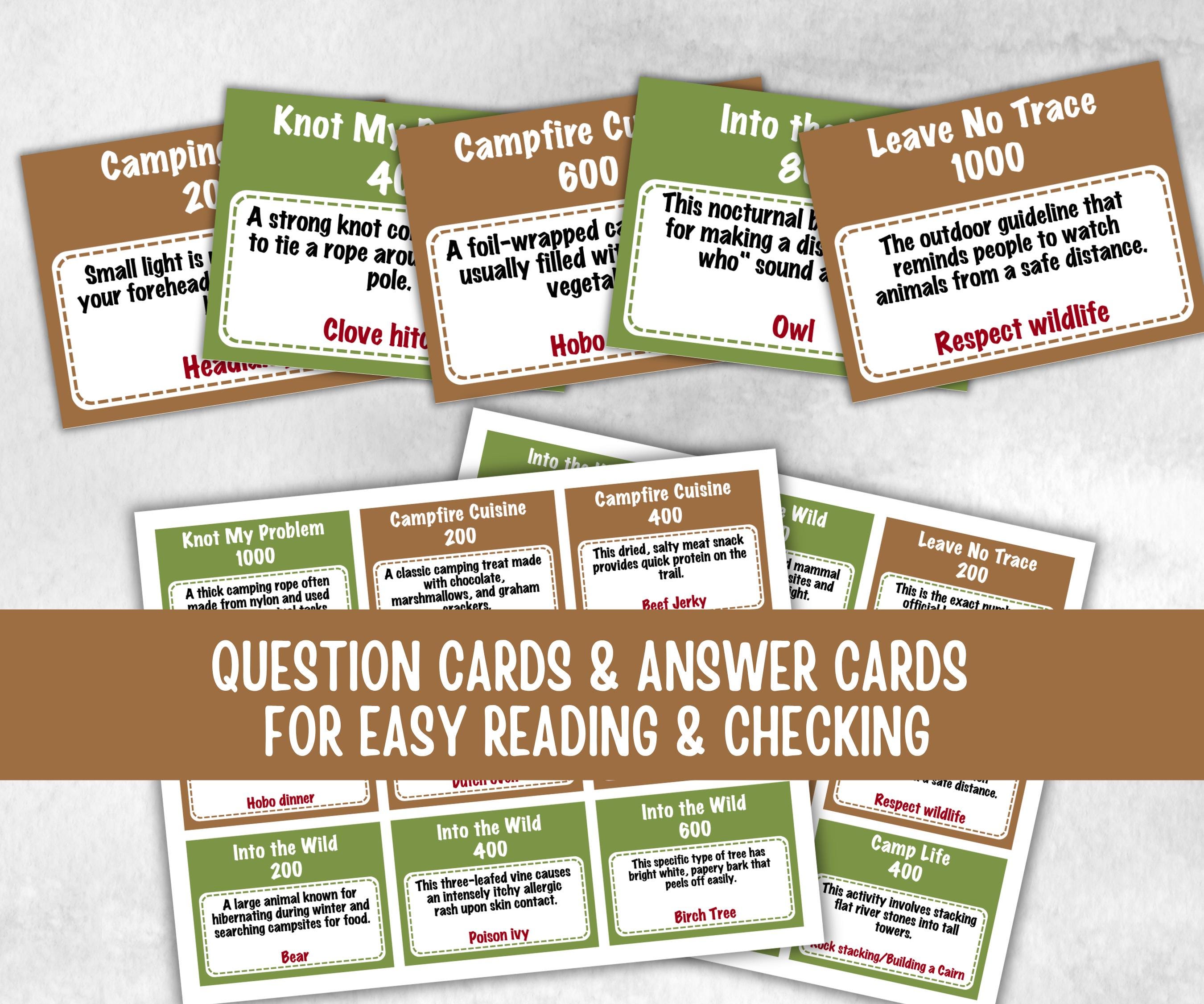 Camping Jeoparty, Trivia game night, office team camping, camping themed birthday, outdoor yard group party, youth group, hiking fun games