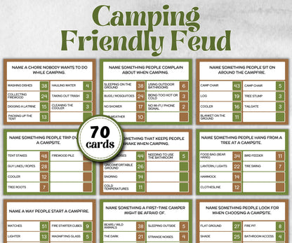Camping Friendly Feud, Trivia game night, office team camping, camping themed birthday, outdoor yard group party, youth group, hiking fun