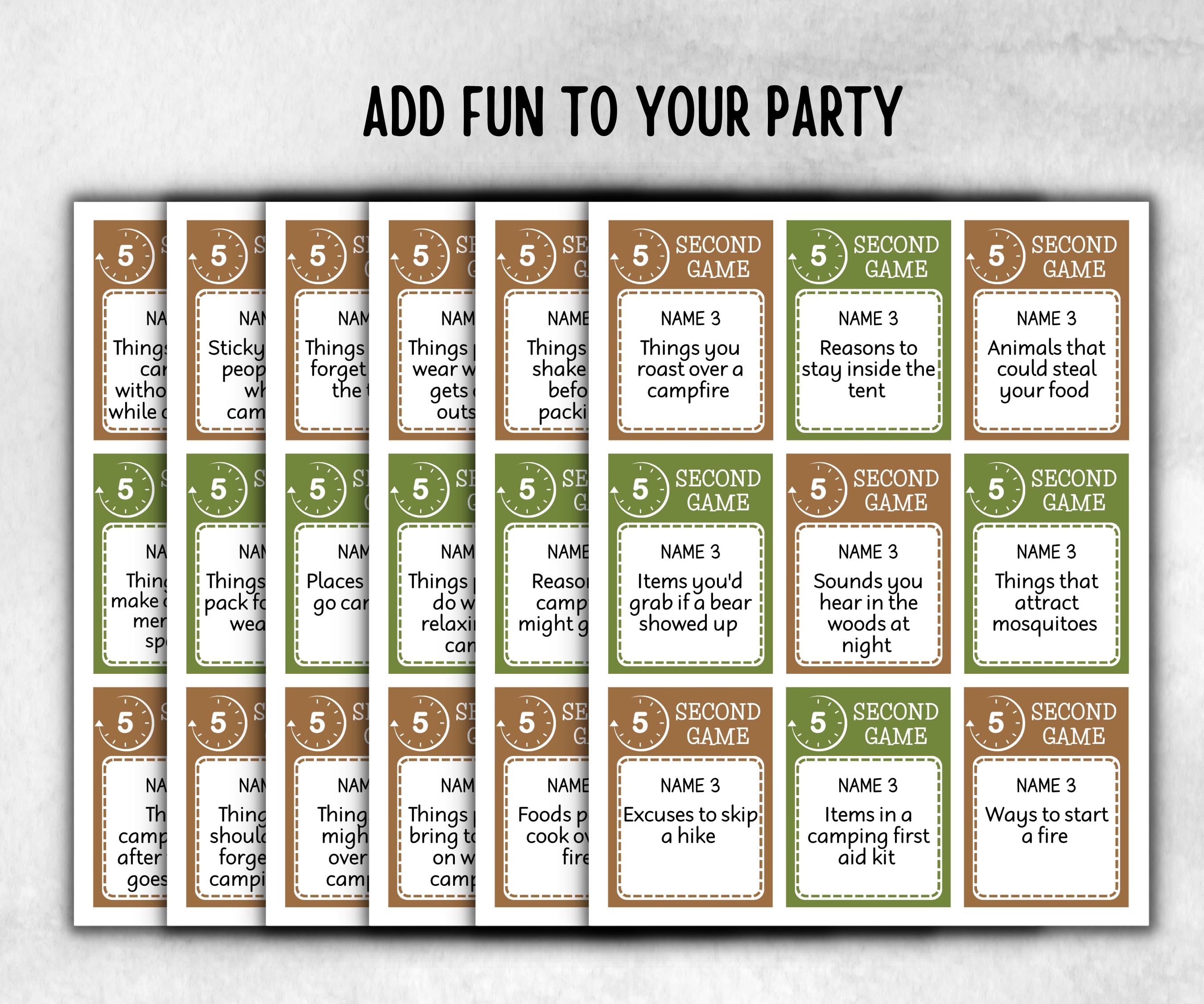 Camping 5 second game, Trivia game night, office team, camping theme birthday, outdoor yard party, youth group, think fast, five sec word