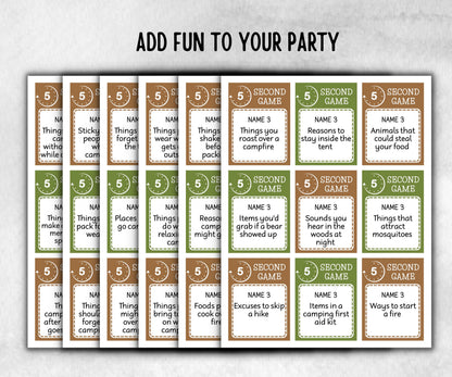 Camping 5 second game, Trivia game night, office team, camping theme birthday, outdoor yard party, youth group, think fast, five sec word