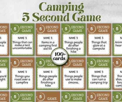 Camping 5 second game, Trivia game night, office team, camping theme birthday, outdoor yard party, youth group, think fast, five sec word