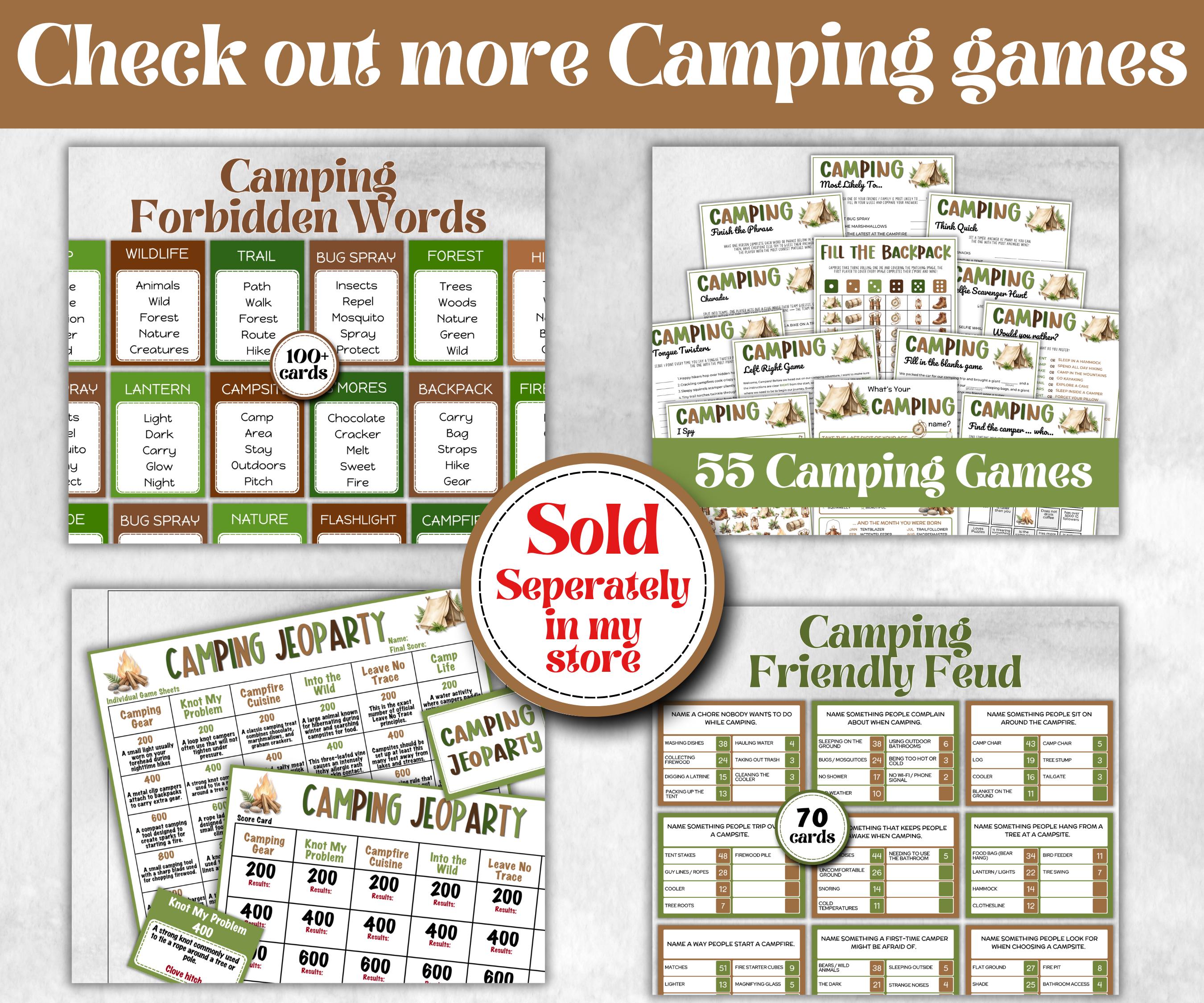 Camping 5 second game, Trivia game night, office team, camping theme birthday, outdoor yard party, youth group, think fast, five sec word